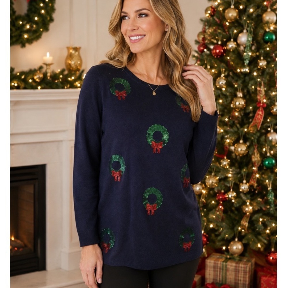 Crown & Ivy Curvy Navy Blue Sequin Christmas Wreath Holiday Sweater OX